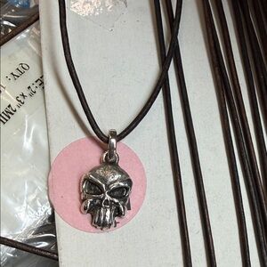 Silver Skull Pendant Necklace on Brown Cord